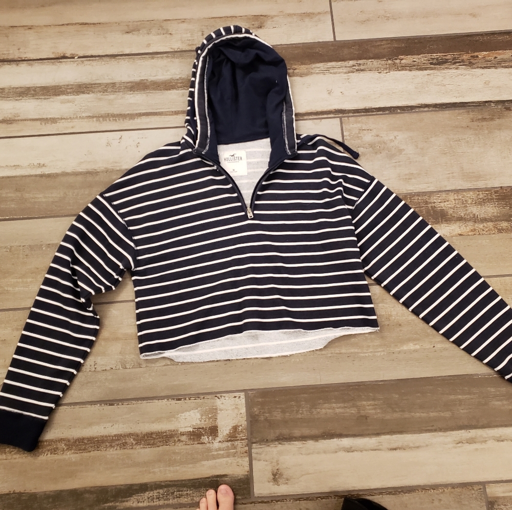 Hollister Navy/White Stripped Crop Med Hoodie